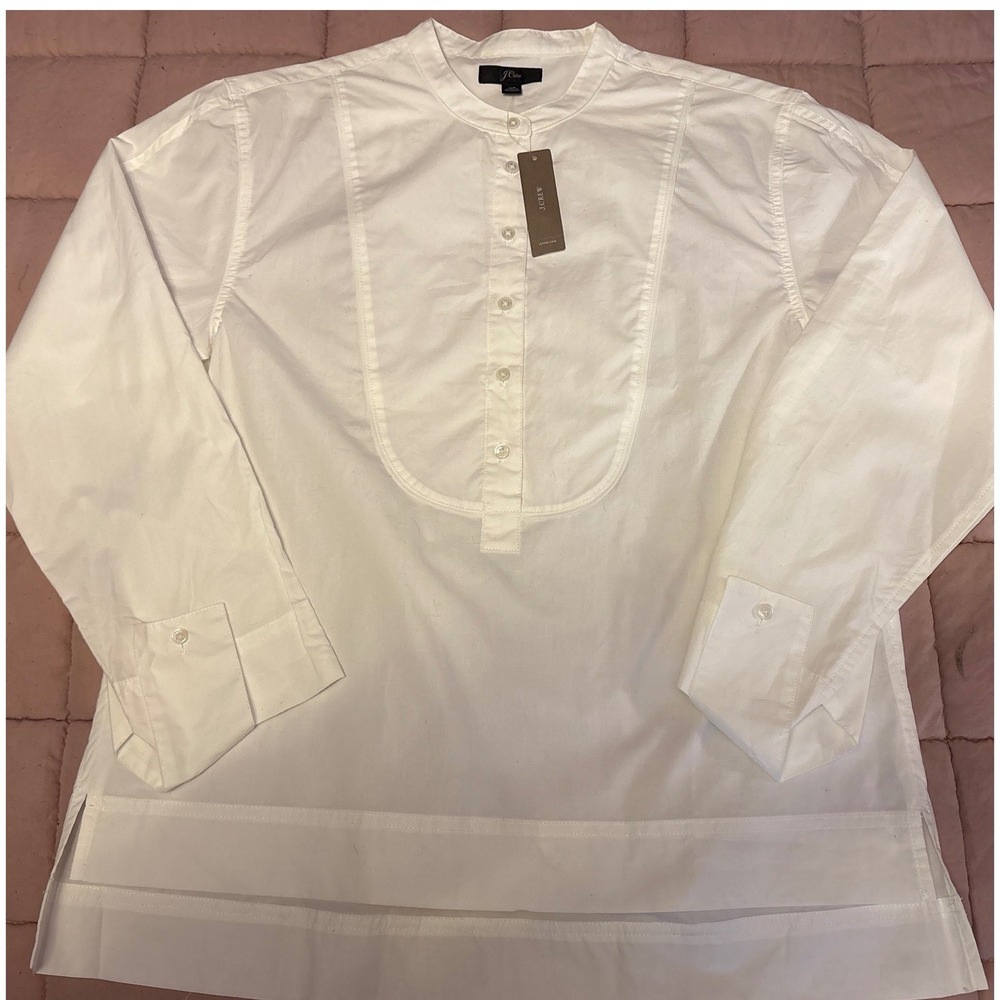 NEW J.Crew Womens White Longsleeve Popover‎ Bib Front Blouse Tunic Top, Size XS